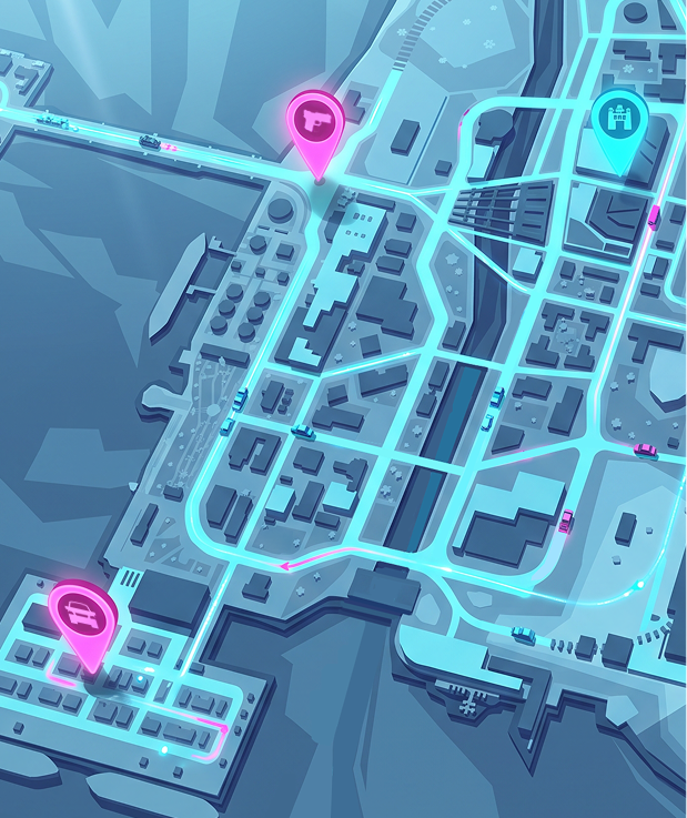 Map of the night city with activities